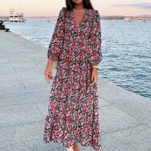 ZARA Black‎ Red Floral Rosie Midi V-Neck 3/4 Sleeve Smock Dress size M